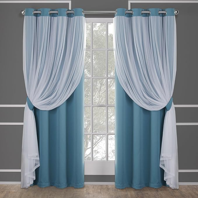 TOWN & COUNTRY LUXE Talia Double Layer Indoor Curtains, Sheer and Room Darkening Blackout, Grommet Top, Energy Efficient, 2-Pack Set, 52"x84", Turquoise
