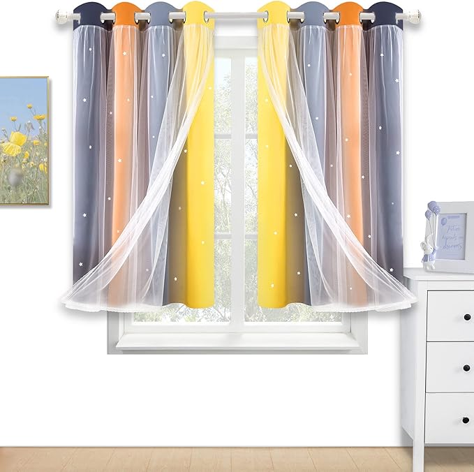 Kinryb Nursery/Kids/Girls Room Star Cut Out Blackout Rainbow Curtain with Sheer Overlay 2 Panels, Each 52 inch Wide,45 inch Length with White Gauze,Ombre Stripe Rainbow Curtains (2 Panels,52x45 Inch)