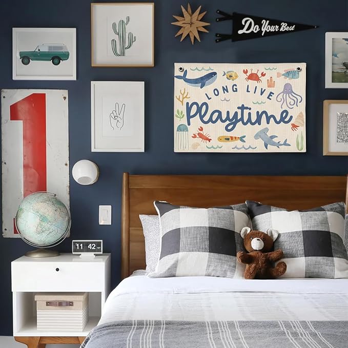 Playroom Wall Decor, Ocean Nursery Kids Toddler Boy Playroom Decor Hanging Linen Banner,Play Room Wall Decorations for Kids Boys Nursery, 20x30 Inch