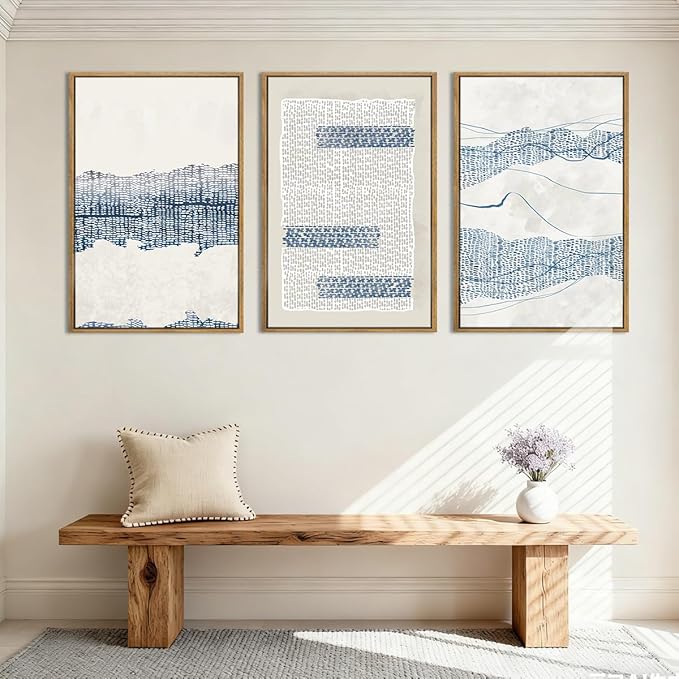 IARTTOP Large Blue Abstract Canvas Wall Art Framed 24x36 Inch Neutral Minimalist Modern Wall Art Mid Century Boho Artwork for Living Room Bedroom Office Set of 3