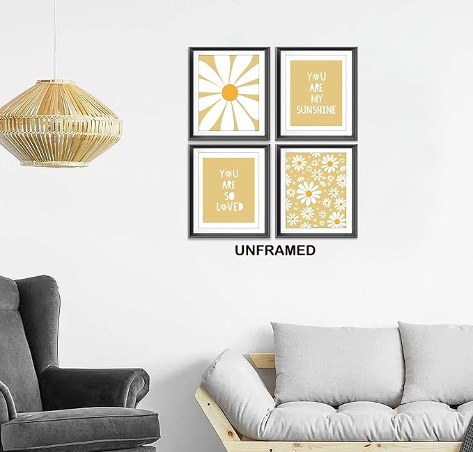 AEHIE Boho Yellow Daisy Flower Decor Art Print, You Are My Sunshine Poster for Baby Girls Room Nursery, Bohemian Wall Art, Spring Aesthetic Floral Wall Art, 4pcs