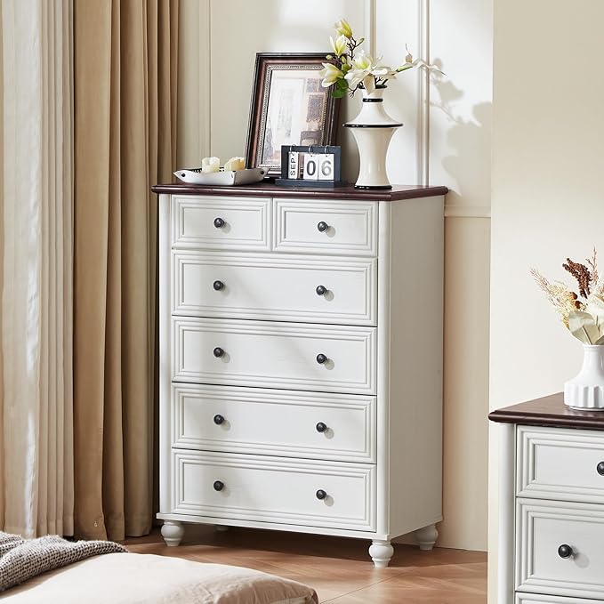 Farmhouse 6 Drawer Dresser Set of 2, Chest of Drawers for Bedroom, 43.5" Tall White Dresser with Roman Column, Rustic Wood Storage Dressers Organizer for Living Room, Hallway, Closet