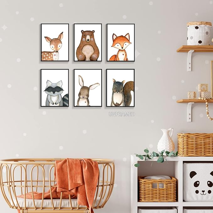 gooptyinh 6 Pieces Woodland Animals Nursery Canvas Wall Art Cute Safari Jungle Animal Deer Bear Bunny Pictures Room Posters Farmhouse Forest Theme Fox Squirrel Raccoon Prints Decor 8x10in Unframed