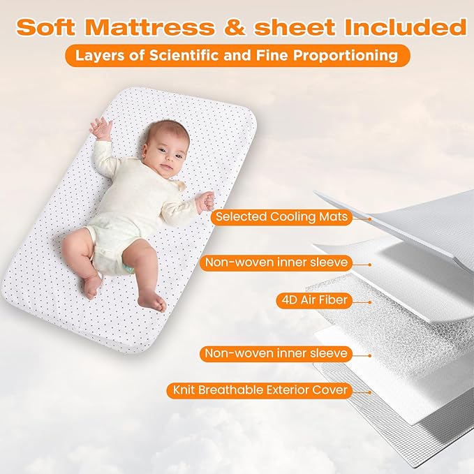 4 in 1Baby Bassinet,Bedside Bassinet for Baby, Rocking Bassinet with Comfy Mattress and Wheels, 7 Height Adjustable Easy Folding Portable Bedside Crib for Newborn