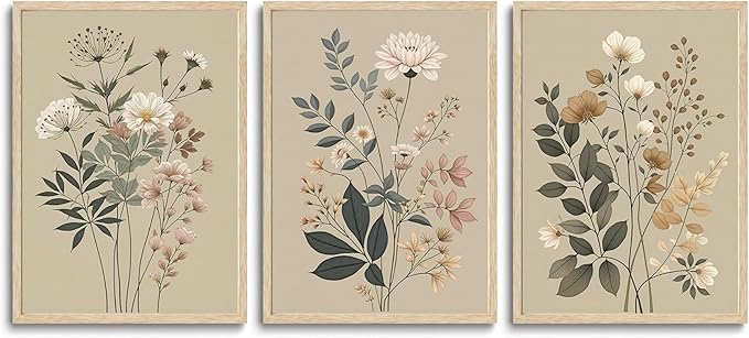 CHMMART 3 Piece Botanical Floral Framed Wall Art Vintage Flower Canvas Art Prints Wildflower Pictures Wall Decor Nature Painting Artwork for Living Room Bedroom Bathroom 12x16in