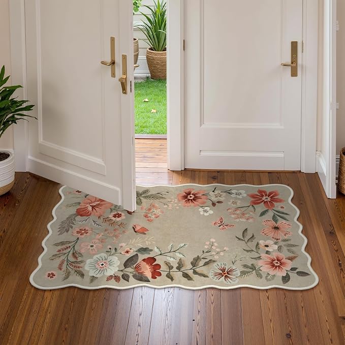 Lahome Floral Washable Kitchen Rug, Ultra-Thin Fall Door Mat, Indoor Entrance Stain Resistant Boho Small Low-Pile Throw Rug for Bathroom Bedroom (2x3ft, Brown)