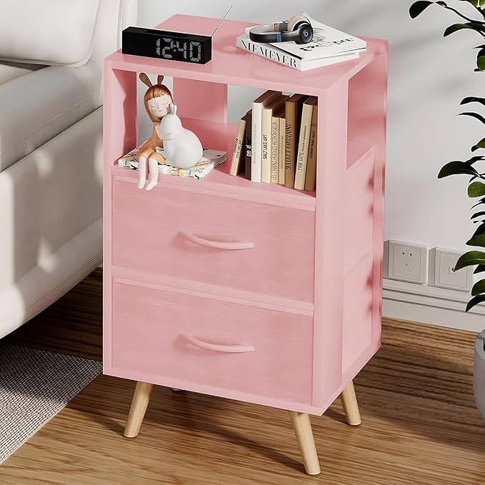 Night Stand, Pink Kids Nightstand with 2 Fabric Drawers, Nursery Side Table with Open Storage, 3-Tier Modern End Table, Bedside Table for Small Space, Living Room, Bedroom