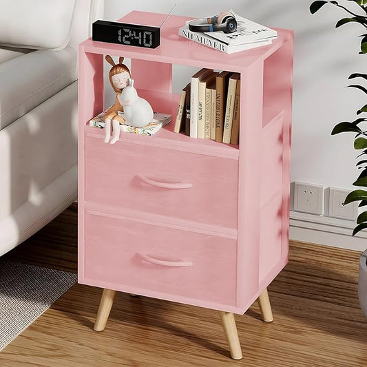 Night Stand, Pink Kids Nightstand with 2 Fabric Drawers, Nursery Side Table with Open Storage, 3-Tier Modern End Table, Bedside Table for Small Space, Living Room, Bedroom
