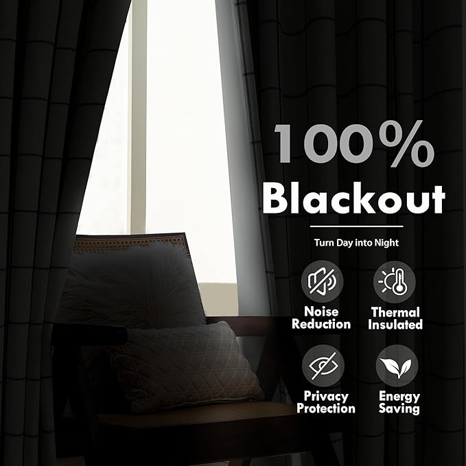 DriftAway 2 Panels 100% Blackout Windowpane Plaid Linen Curtains Double Layer Drapes for Bedroom 84 Inches Long Farmhouse Thermal Insulated 3.25 Inch Rod Pocket Back Tab for Living Room Gray