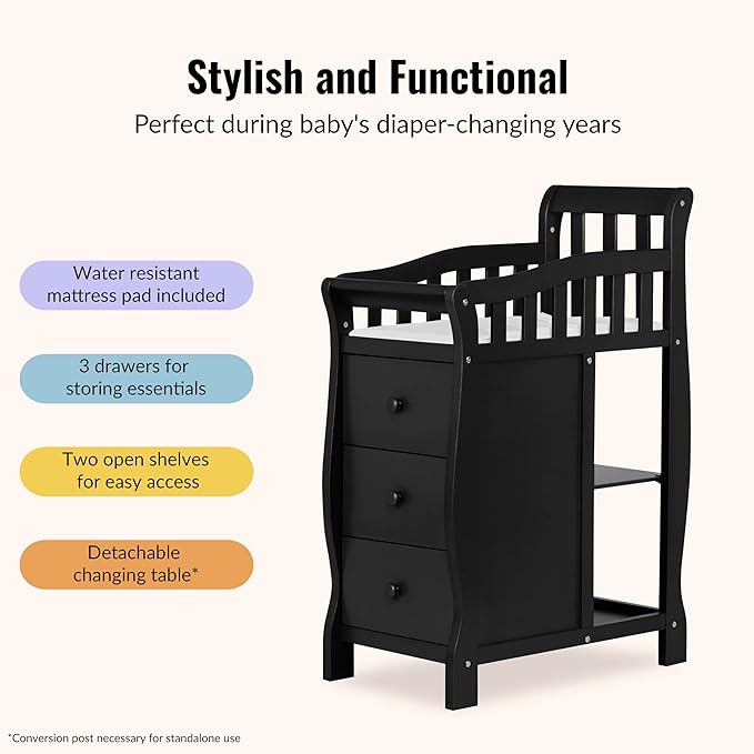 Dream On Me Jayden 4‑in‑1 Mini Convertible Baby Crib & Changer with Storage in Black, Pinewood, GreenGuard Gold & JPMA, 1” Mattress Pad, 3 Mattress Heights, Converts to Mini Day & Twin-Size Bed