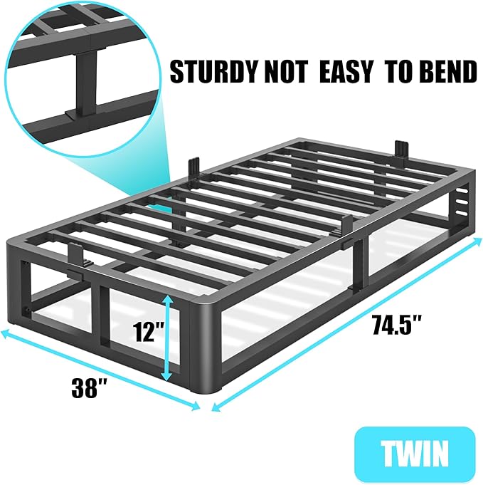 Metal Heavy Duty 12 inch Twin Bed Frame with Rounded Corner and Headboard Hole Mattress Retainers 3500 LBS No Box Spring Needed Platform Noise Free Easy Assembly