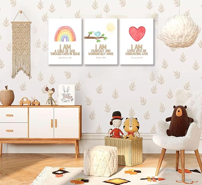 3Pcs Nursery Bible Verse Canvas Wall Art Colorful Rainbow Motivational Affirmation Wall Decor Pictures Christian Kids Scripture Introduction Posters Prints for Kids Room Nursery Home Decoration
