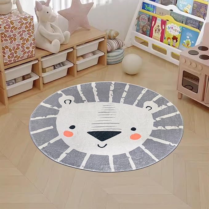 ABREEZE Kids Play Rug 2.6ft, Lion Round Area Rug Nursery Door Mat Soft Plush Non-Slip Carpet for Bedroom Living Room Kids Playroom