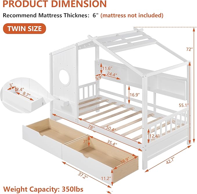 Aoowow Twin Size House Bed with Storage Shelves and Drawers, Wood Platform Kids House Bed with Window and Roof for Bedroom, Twin Playhouse Bed Frames for Boys Girls, Can be Decorated, White