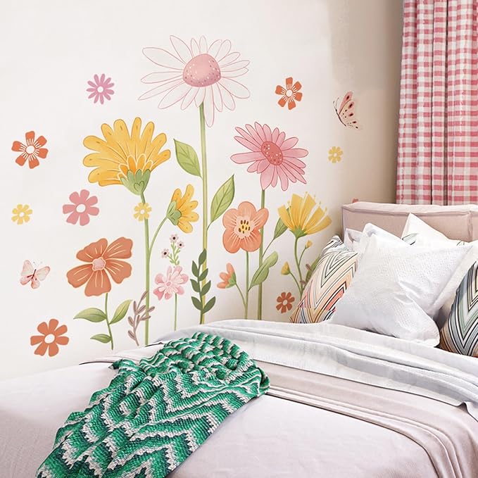 Boho Flower Wall Stickers - Daisy Wildflower Wall Decals with Butterfly Floral Design for Girls Bedroom, Baby Nursery, Kids Room