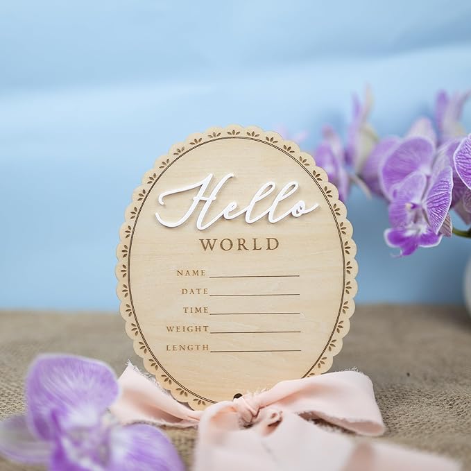 Baby Announcement Sign 6.5 Inch Wooden Hello World Newborn Welcome Sign Birth Name Plaques for Photo Props Shower Hospital Nursery (BOW CUT)