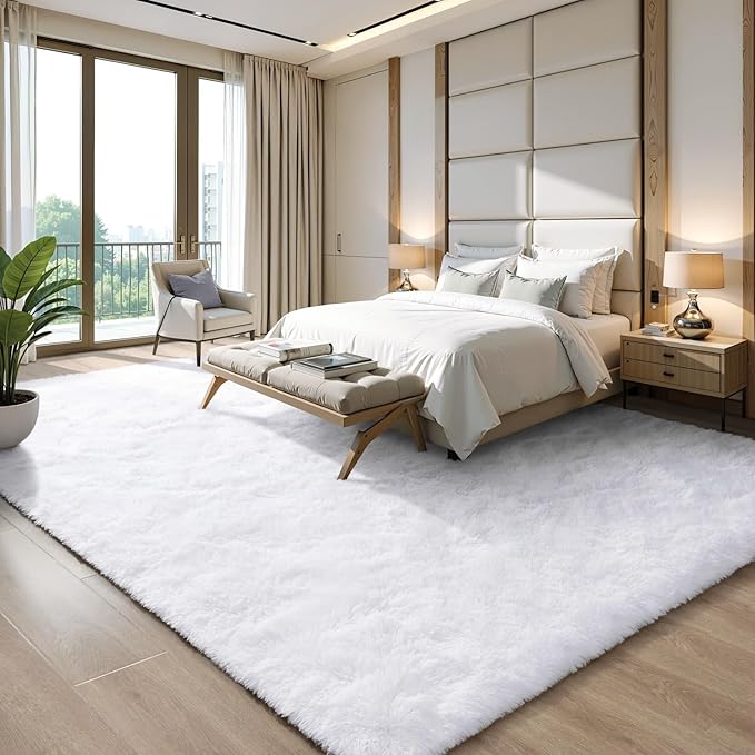 EVOIONOS 9x12 Washable Large Area Rug for Living Room, Fluffy Shag Rug for Bedroom, Ultra Soft Plush Non Slip Carpet for Indoor Floor Bedside Nursery Kids Girls Room Dorm, Home Decor Aesthetic, White