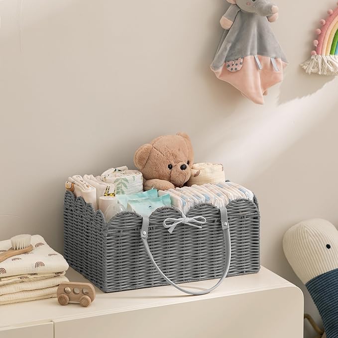 HBlife Baby Diaper Caddy Organizer, Washable Waterproof, Large Portable Scalloped Wicker Woven Basket with Divider, Nursery Diaper Station, Baby Shower Gifts Basket - Newborn Essentials, Car Organizer
