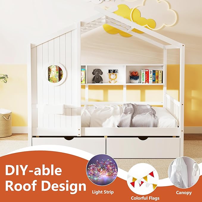 Aoowow Twin Size House Bed with Storage Shelves and Drawers, Wood Platform Kids House Bed with Window and Roof for Bedroom, Twin Playhouse Bed Frames for Boys Girls, Can be Decorated, White