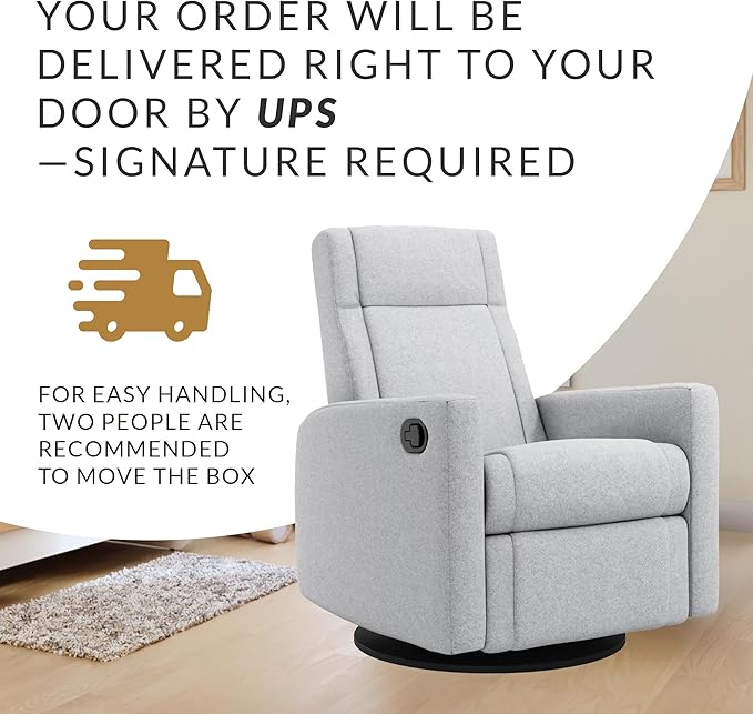 Jaymar Nelly Modern Nursery Glider Recliner Chair – Cozy Nursing Chair with 360° Swivel for New Parents, Gentle Motion, Compact Design, Lumbar Support – Made in Canada (Heather Grey/ARLO Fabric)