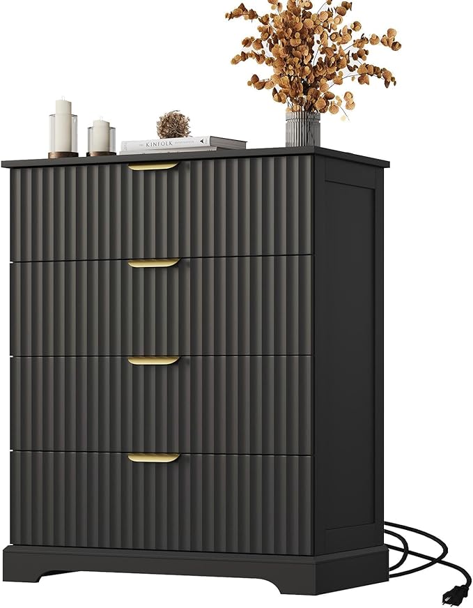 Fluted Dresser with 4 Drawers for Bedroom, 36.6" Tall Dresser with Charging Station, Wooden Chest of Drawers for Bedroom, Living Room, Entryway, Black