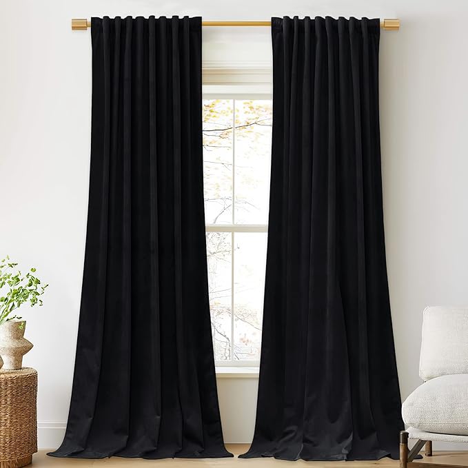 StangH Black Curtains 144 inches Long Soft Velvet Blackout Thermal Insulated Window Drapes Back Tab Luxury Home Decor for High Ceiling/Villa, W52 x L144, 2 Panels
