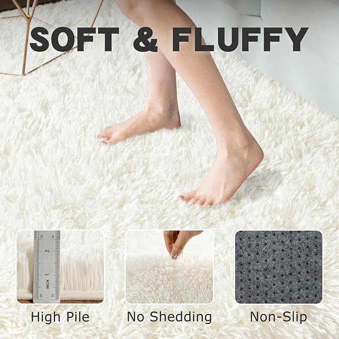 Round White Rug for Bedroom, 5 ft Circle Area Rugs for Living Room, Soft Fluffy Shag Carpet for Teen Girls Boys Nursery Room Dorm Home Decor Aesthetic