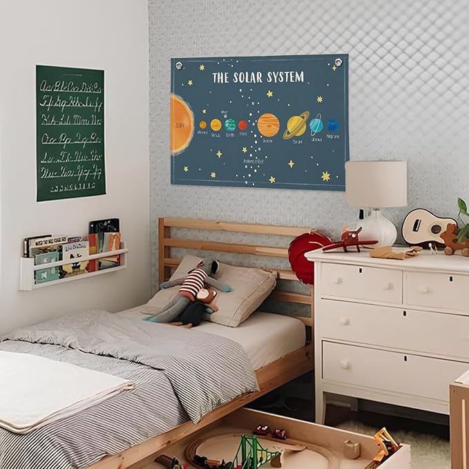 Solar System for Kids, Space Nursery Decor, Space Themed Room Decor, Solar System Linen Canvas Banner Wall Hanging Flag Decor for Playroom 20x30