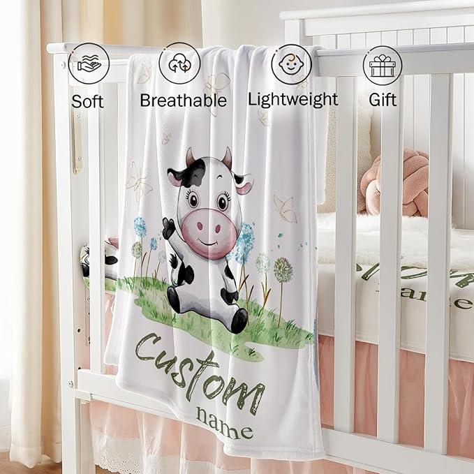 Custom Baby Crib Bedding Set - Cows Design Personalized Name Baby Nursery Bedding 3 Pcs Set - Chic Soft Blanket, Fitted Sheet, Room Rug for Newborns Boys Girls Gifts