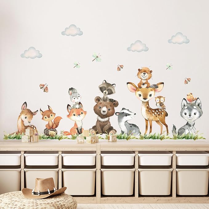 Tanlaby Jungle Animals Wall Stickers Forest Animal Wall Decals Cute Fox Bear Giraffe Self-Adhesive Mural Removable Wall Art Sticker for Baby Nursery Kids Bedroom Playroom Daycare Classroom Decor
