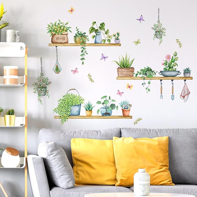 Green Wall Decals: Tropical Vine Plant Potted Stickers with Butterfly & Flower Designs - Ideal for Living Room, Bedroom & Office