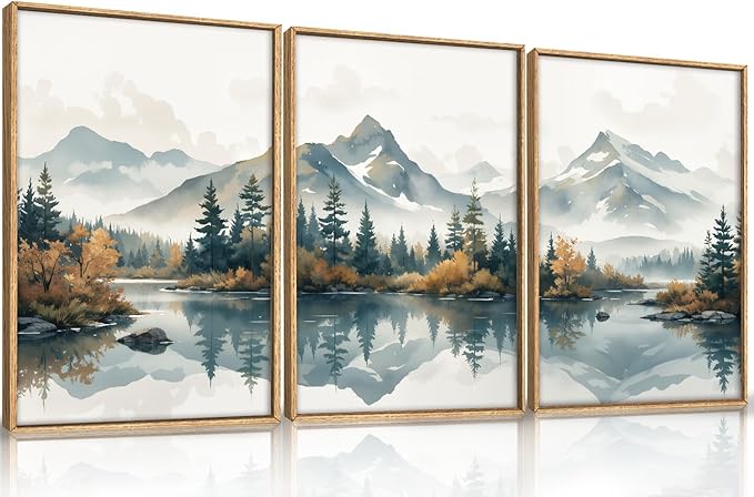 HLNIUC Winter Christmas Mountain Wall Art Framed,Large White Snowy Forest Decor Set of 3 (24"x36"), Watercolor Nature Lake Foggy Landscape Canvas Painting for Living Room, Bedroom, Office
