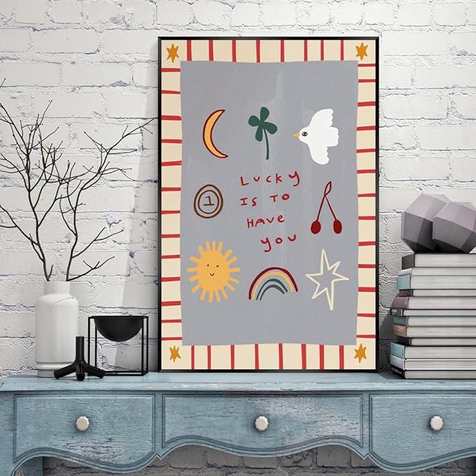 Colorful Cute Cartoon Posters Lucky Is To Have You Inspirational Wall Art Boho Nursery Positive Affirmations Canvas Minimalist Print Decor Picture for Kids Bedroom Playroom 24x36inch Metal Black Frame