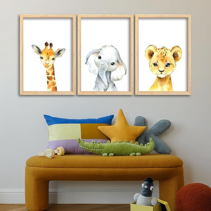 Surfapans Nursery Cute Animal Sign Wall Decor 24"x16" Set of 3 Lion Giraffe Elephant Prints Wooden Framed for Baby Child Children's Room Wall Art (Wood)