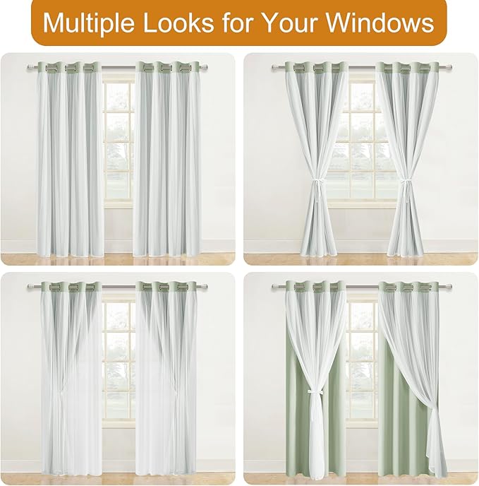 DWCN Layered Curtains for Living Room Blackout and Sheer Curtains with Tiebacks Grommet Top Window Treatments with Sheer Overlay for Bedroom, 52 W by 96 L, Seafoam, 2 Pieces