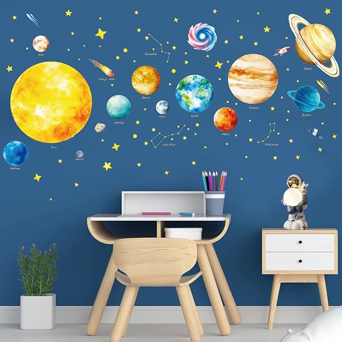 SHUCHING Solar System Wall Sticker Peel and Stick, Vinyl Space Planet Wall Decal, Educational Wall Decor Art Home Decoration for Daycare Bedroom Nursery Playroom