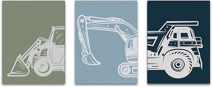 Shwing Framed Toddler Boys Room Decor - Construction Truck Wall Art Set, 12"x16" 3Pcs Set