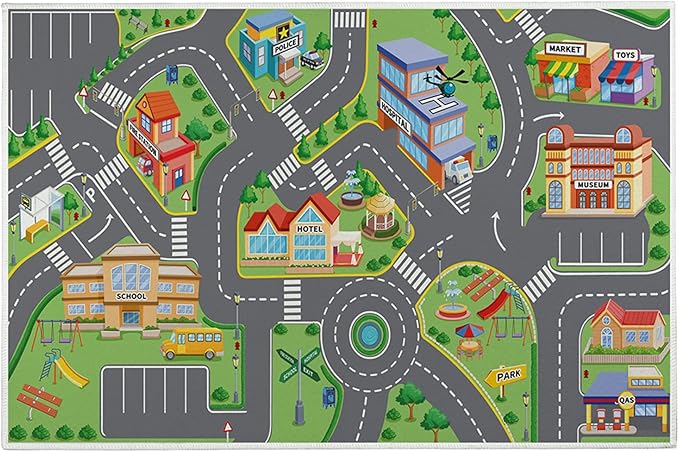 19.7x31.5in Baby Play Mat, Non-Slip Crawling Carpet, Vibrant Polyester Road Rug, Washable Rectangular Kids Rug for Bedroom Living Room