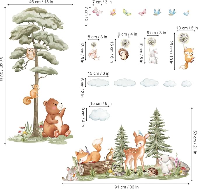 decalmile Large Forest Animals Tree Wall Decals Bear Deer Fox Woodland Wall Stickers Baby Nursery Kids Room Daycare Wall Decor