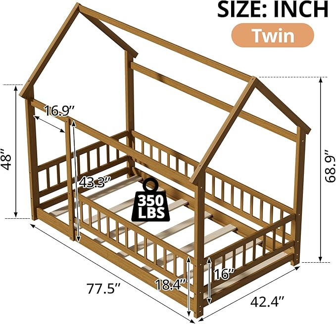 LLS Twin Size Montessori Floor Bed Frame with Slats and Fence, Wooden House Bed for Boys Girls Bedroom, Light Espresso