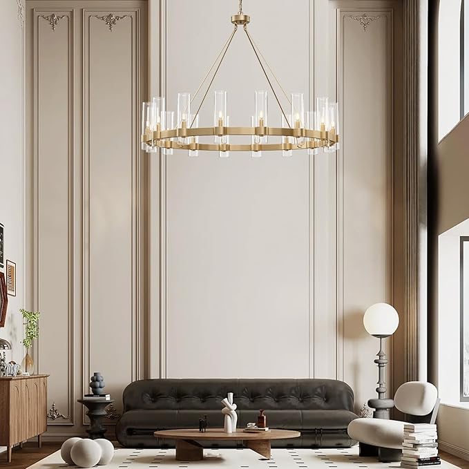 48 Inch Gold Chandelier, Wagon Wheel Chandelier with Glass Shade, 16-Lights Large Round Modern Farmhouse High Ceiling Pendant Lighting Fixture for Dining Room, Living Room, Kitchen, Foyer