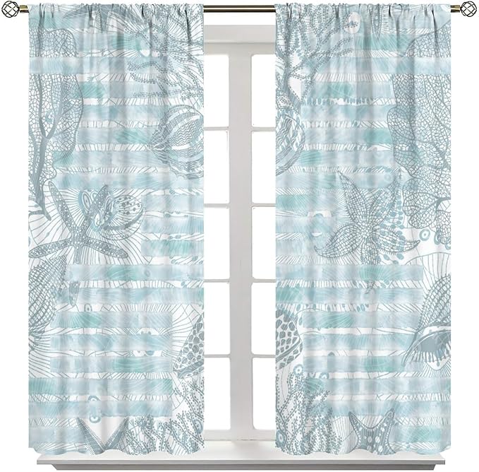 Starfish Curtains，Starfish and Seashells Coastal Curtain Ocean Themed Underwater Marine Decor Waterproof Fabric Curtain Set 2 Panels,84x84 Inches