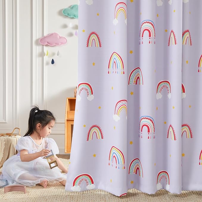 Vangao Boho Girls Blackout Curtains Purple for Kids Room 63 Inch Length, Rainbow Window Drapes for Living Room Nursery Thermal Grommet Insulated Room Darkening Curtains Bedroom, 2 Panels