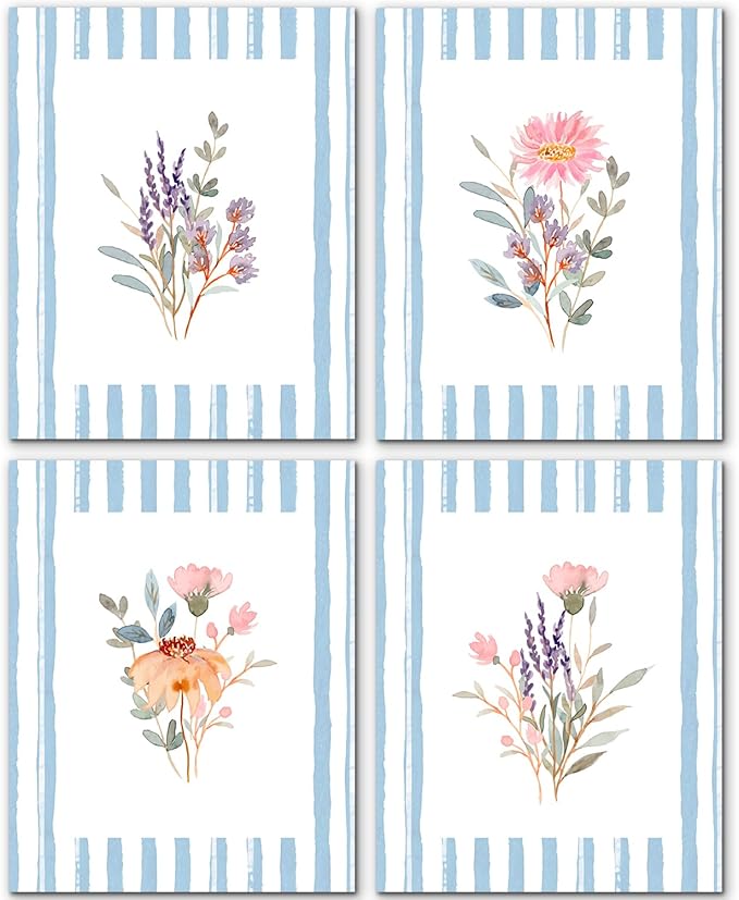 JINYO Boho Vintage Floral Wall Art Prints Set of 4, Floral Room Decor, Blue and White Striped Rustic Wildflower Posters Pictures Wall Decor for Home Bedroom Living Room, 8x10 Unframed