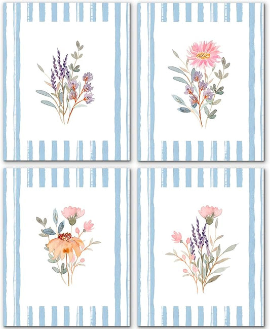 JINYO Boho Vintage Floral Wall Art Prints Set of 4, Floral Room Decor, Blue and White Striped Rustic Wildflower Posters Pictures Wall Decor for Home Bedroom Living Room, 8x10 Unframed