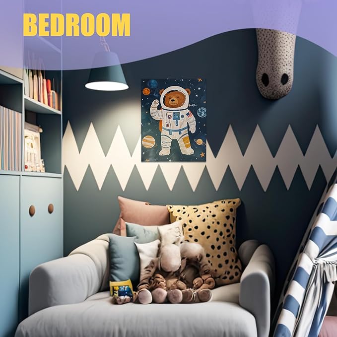 URLLUAE Astronaut Bear Space Wall Art Posters for Kids Room, Cute Outer Space Planet Canvas Poster Prints for Boys Bedroom Classroom Nursery Playroom Wall Decor, 11x14 Inch