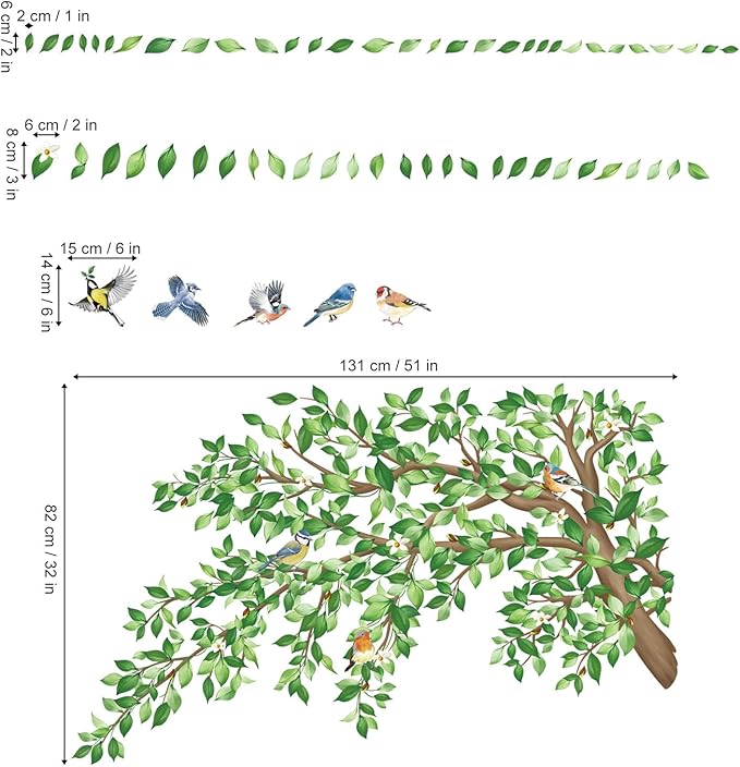 decalmile Large Green Tree Branch Wall Decals Green Leaves Floral Wall Stickers Bedroom Living Room Sofa TV Background Home Decor