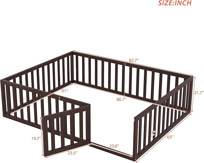 Merax Queen Floor Bed with Safety Guardrails and Door, Wood Montessori Floor Bed Frame for Kids, Queen Playhouse Bed Frame for Baby Girls and Boys, Walnut