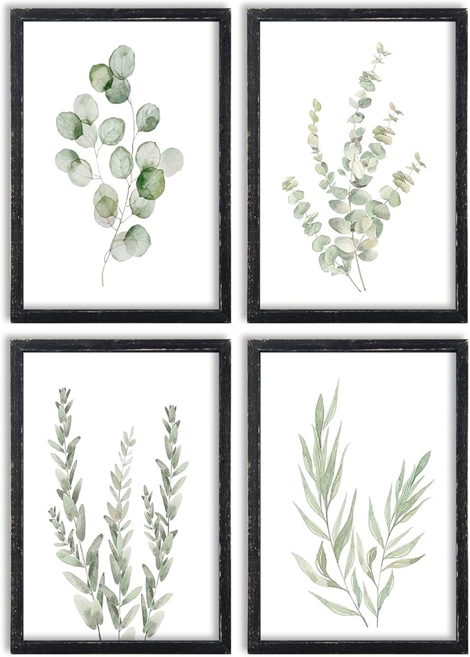 Botanical Wall Decor Sign 16x11 Inch Set of 4 Sage Green Plants Wood Framed For Bathroom Modren Bedroom Aesthetic Watercolor Laundry Room Art Wall Hanging (Black)