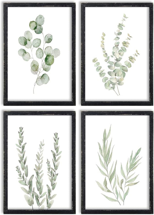 Botanical Wall Decor Sign 16x11 Inch Set of 4 Sage Green Plants Wood Framed For Bathroom Modren Bedroom Aesthetic Watercolor Laundry Room Art Wall Hanging (Black)